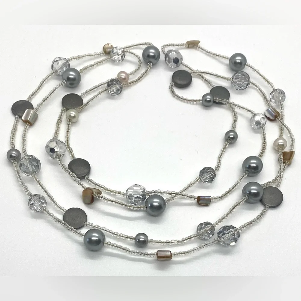 Long Wrap Crystal Clear Gray Pearl Beaded Necklace Boho Eclectic Feminine